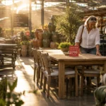 Senior couple examining a wooden dining table in a sunlit garden center patio furniture clearance section.