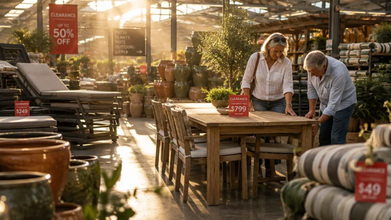 Senior couple examining a wooden dining table in a sunlit garden center patio furniture clearance section.