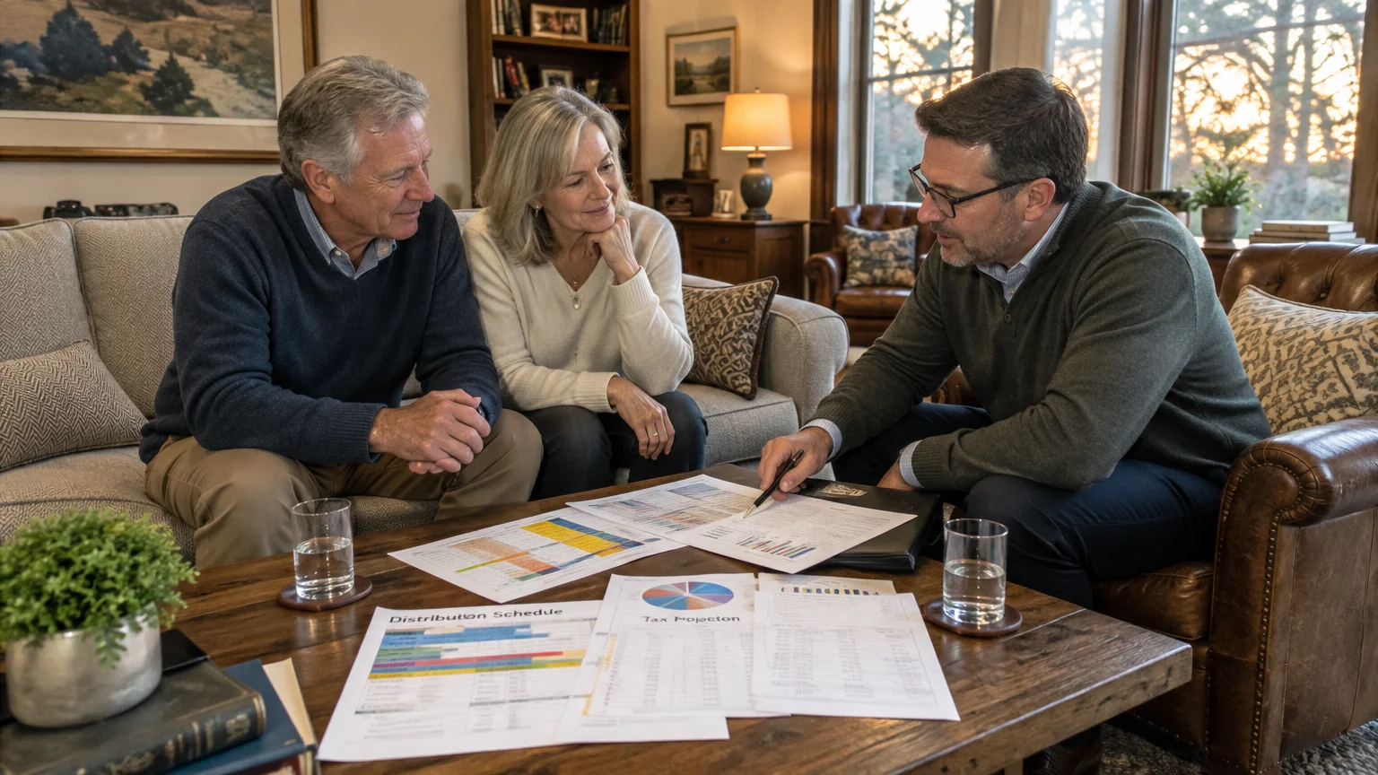 A financial advisor points to paperwork on a coffee table while consulting with an older couple seated on a couch.