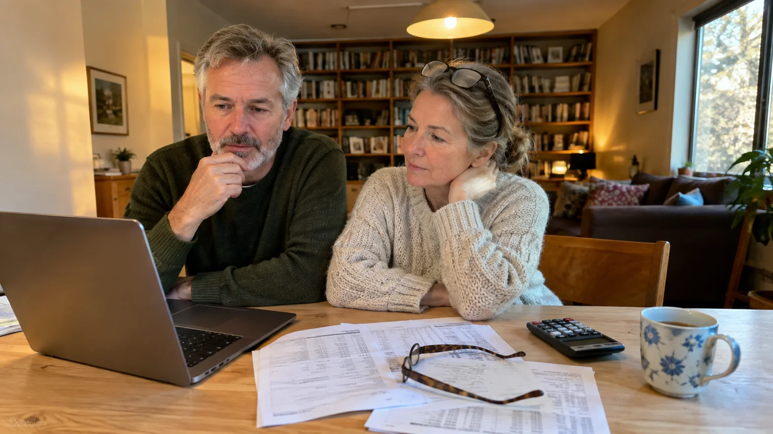 A mature couple sits at a wooden table looking intently at a laptop screen surrounded by paperwork and a calculator.