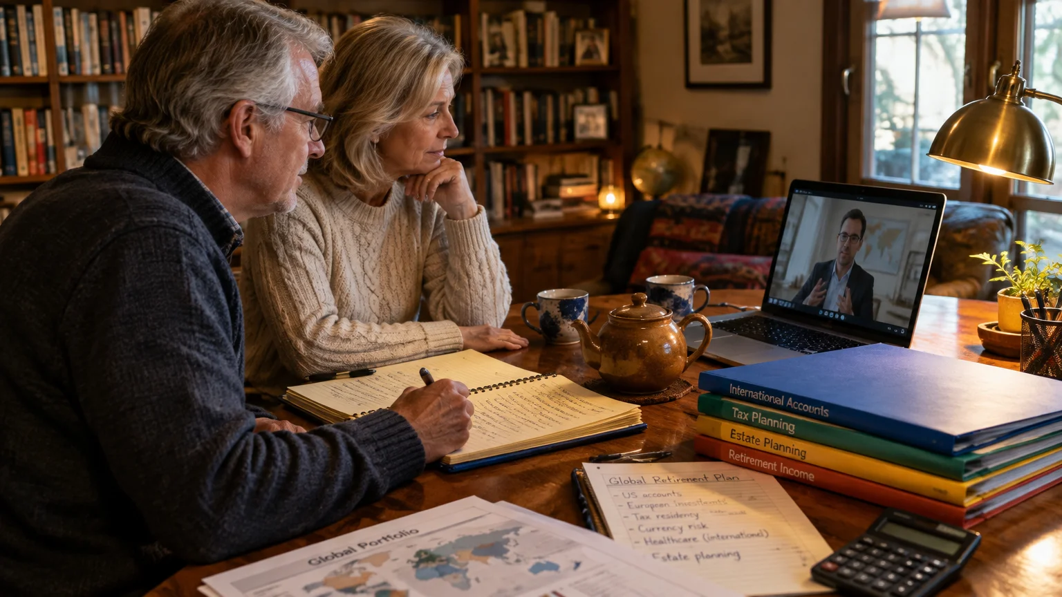 A senior couple attends a video consultation on a laptop surrounded by financial folders, notes, and a calculator.