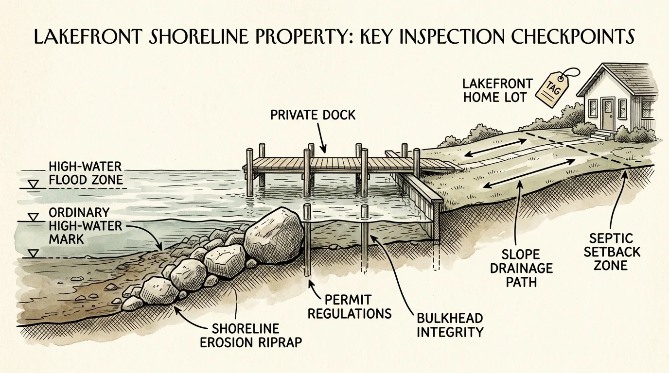 Cross-section diagram showing lakefront property checkpoints including riprap erosion, dock permits, and flood zones.