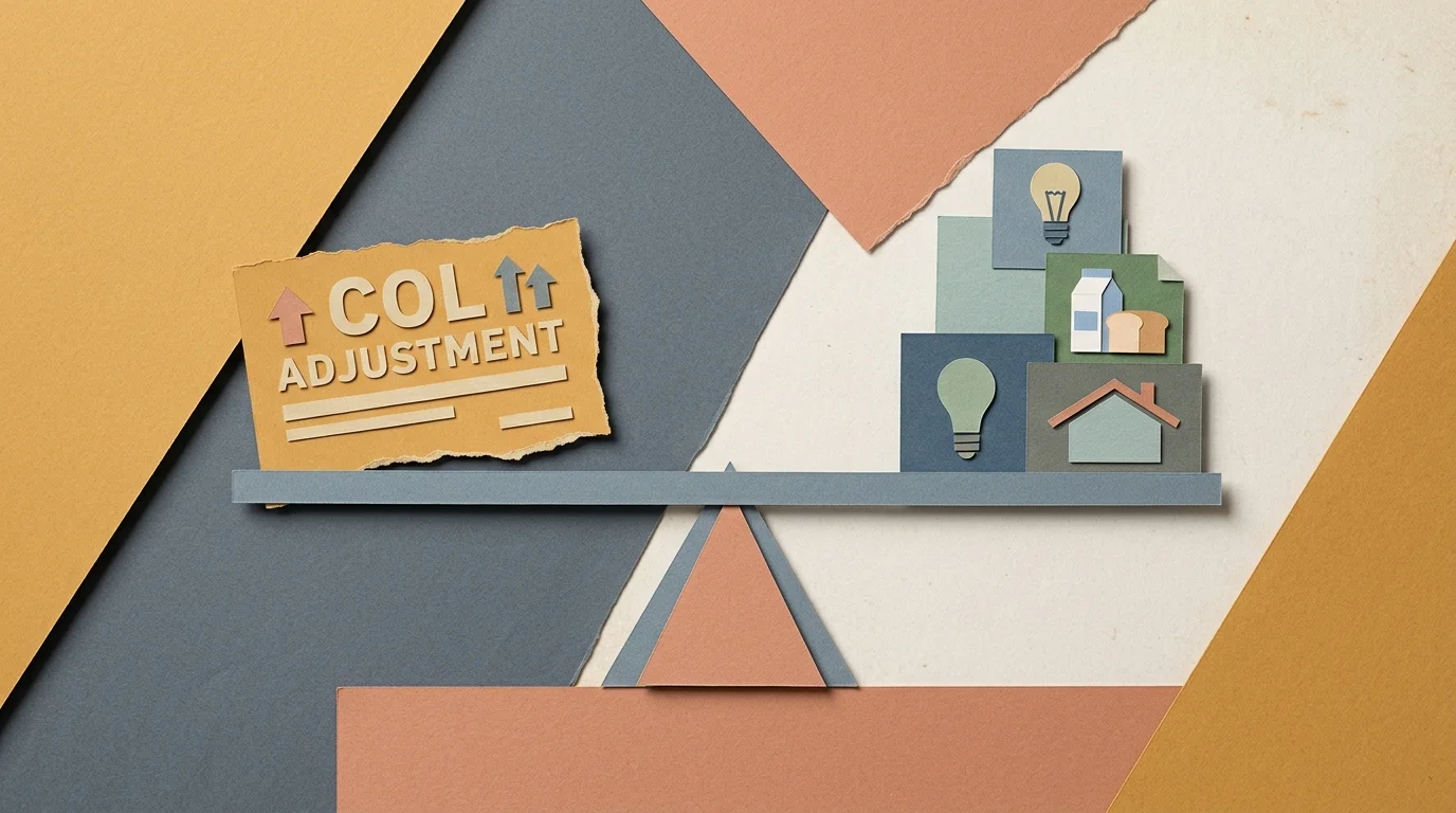 Paper collage of a seesaw balancing a COLA adjustment sign against icons of household expenses like food and housing.