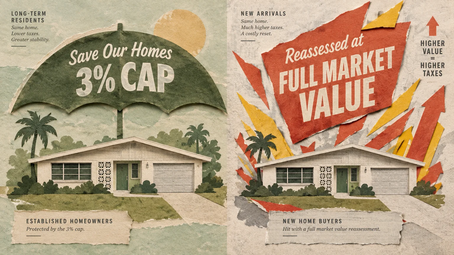 Paper collage comparing a house shielded under an umbrella cap to an identical house exposed to sharp rising red arrows.