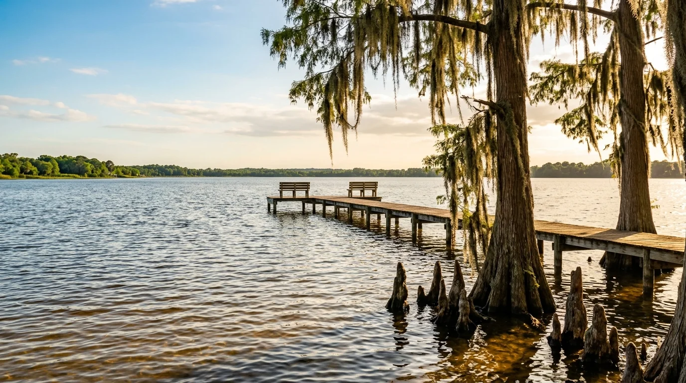 Wooden pier with benches extending into a calm lake beside cypress trees draped in Spanish moss.