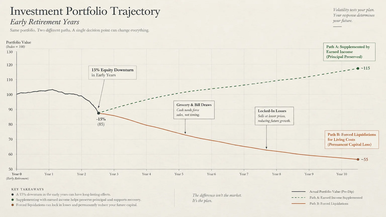 Line graph comparing retirement portfolio trajectories with earned income versus forced liquidations after a downturn.