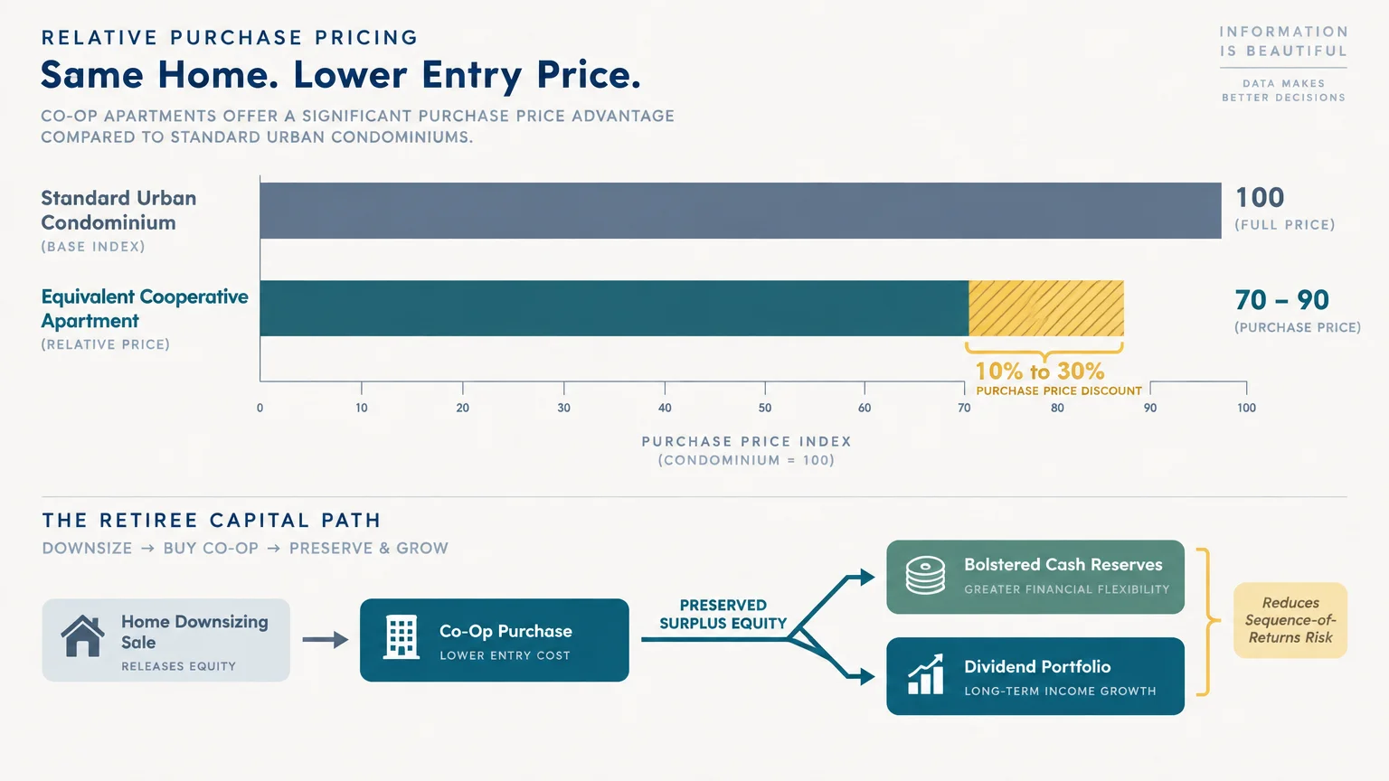 Bar chart showing a co-op purchase price discount, with a flowchart tracing preserved equity to cash reserves.