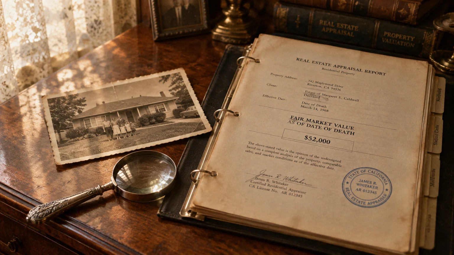 A vintage real estate appraisal report binder open on a wooden desk beside an old photograph and a magnifying glass.