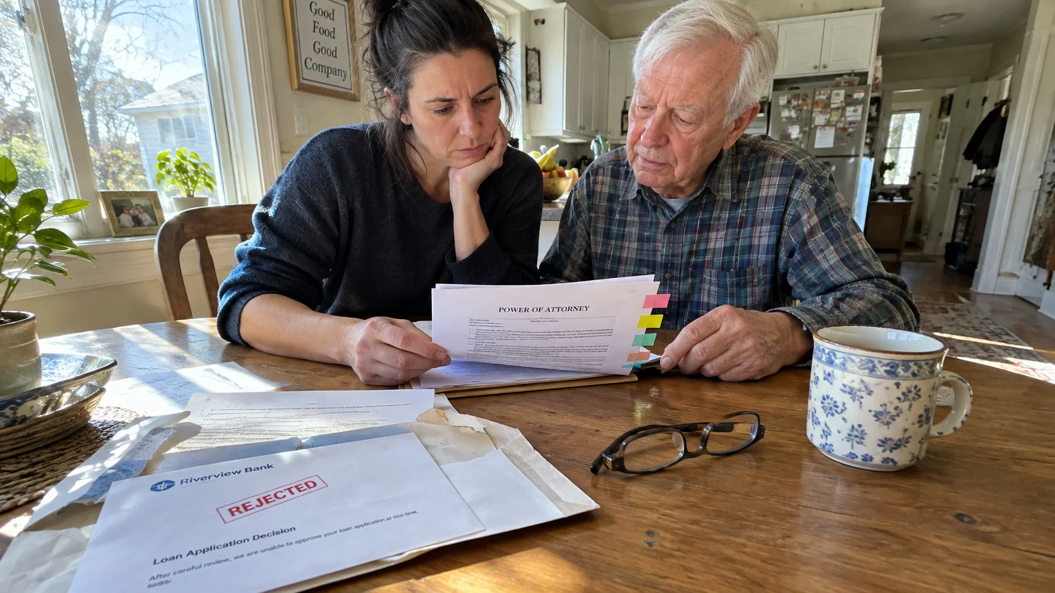 A woman and an elderly man sit at a wooden table reviewing power of attorney paperwork next to a rejected bank document.
