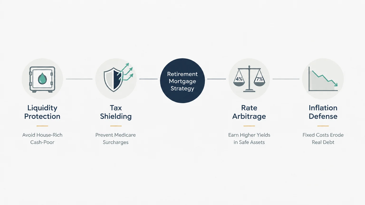 Diagram outlining four retirement mortgage strategy pillars: Liquidity Protection, Tax Shielding, Rate Arbitrage, and Inflation Defense.