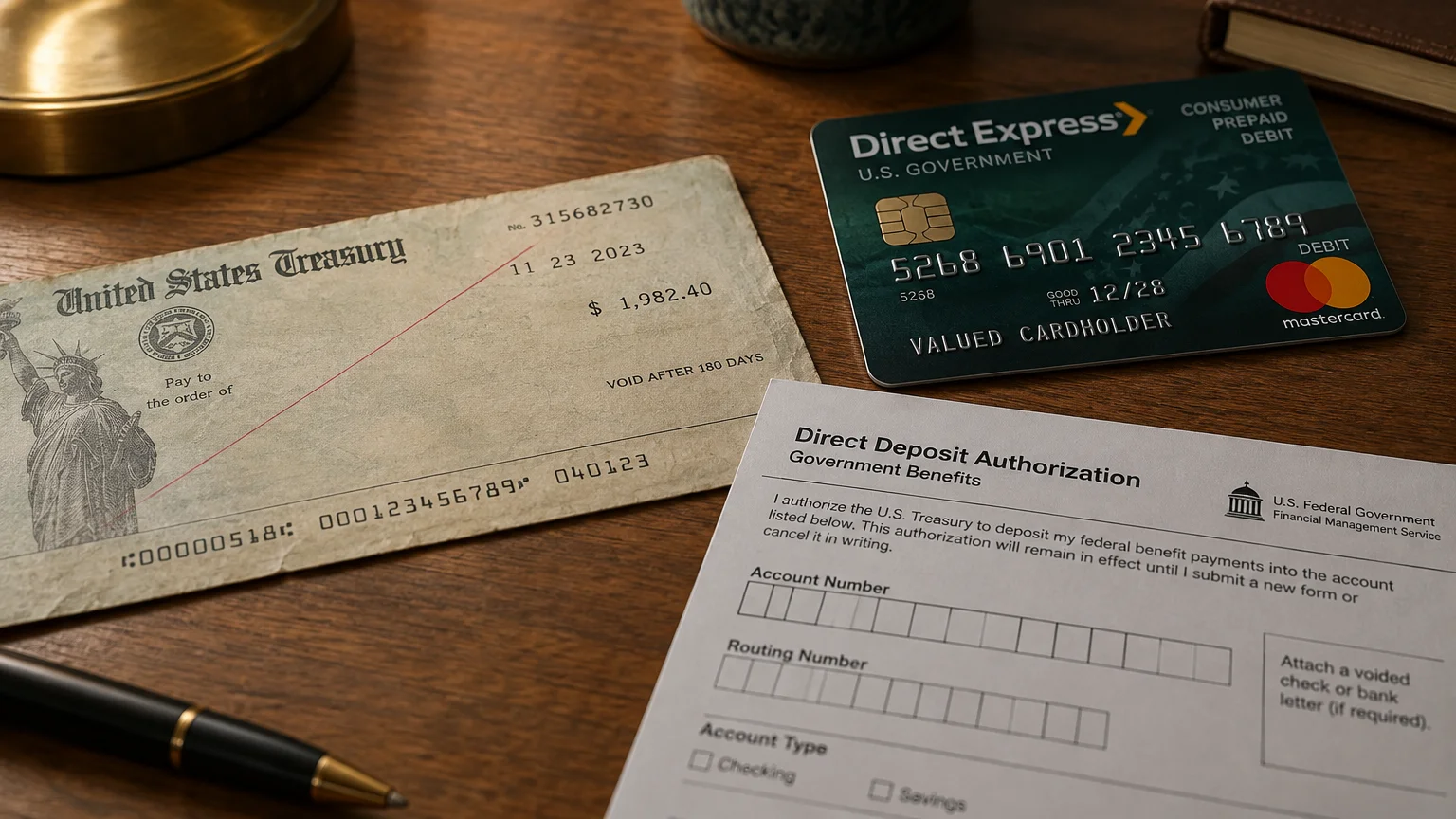 A paper U.S. Treasury check, a Direct Express debit card, a direct deposit form, and a pen on a wooden desk.