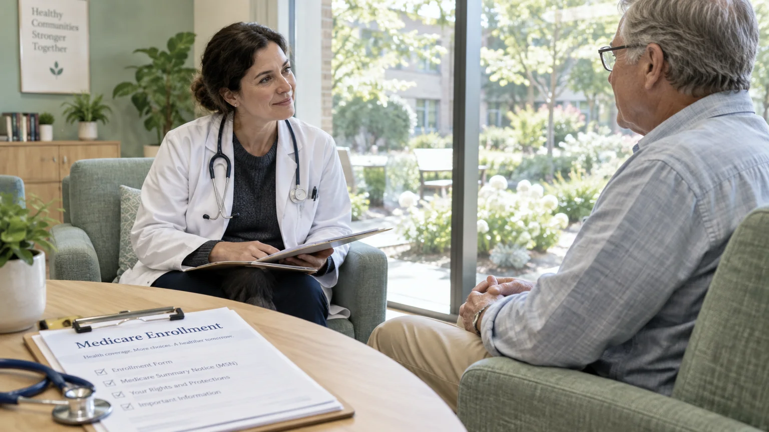 A female doctor in a white coat speaks with an older male patient near a table with Medicare paperwork.