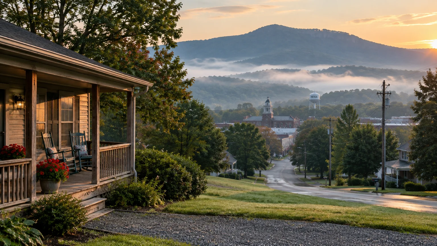 View from a wooden porch overlooking a small town nestled in foggy green hills with a mountain at sunrise.