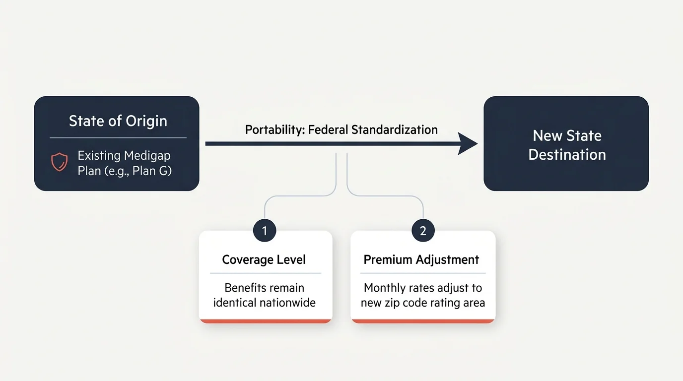 Diagram showing Medigap portability from state of origin to a new state with coverage levels and premium adjustments.