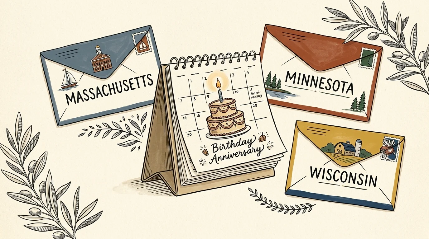 Illustration of envelopes labeled Massachusetts, Minnesota, and Wisconsin around a desk calendar showing a birthday cake.