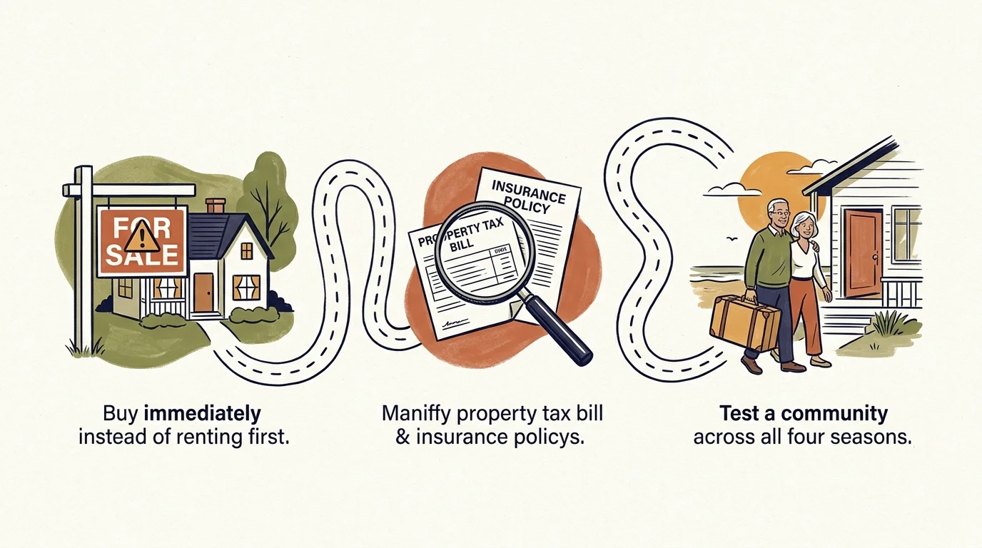Illustration of a retirement moving roadmap showing a house for sale, bills under a magnifying glass, and a senior couple.