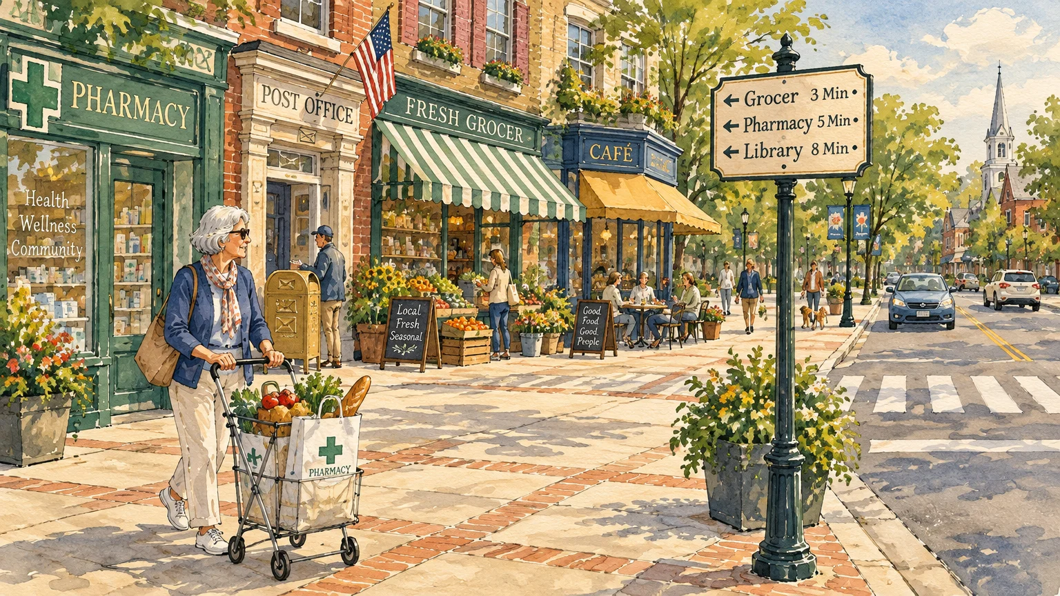 Watercolor illustration of a woman pushing a grocery cart along a walkable town street past storefronts and a signpost.