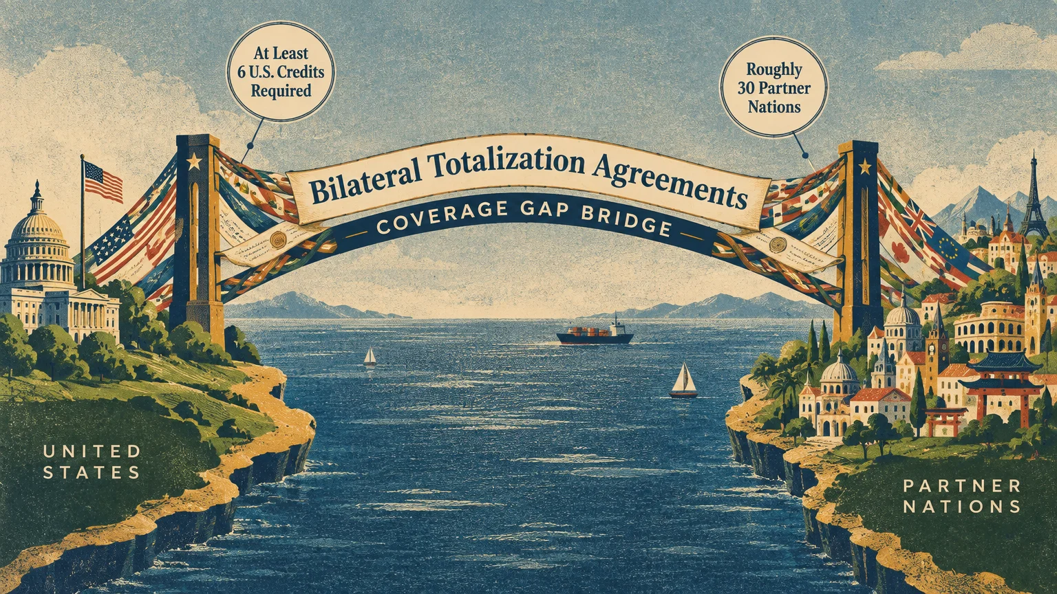 Illustration of a bridge labeled bilateral totalization agreements connecting the United States to partner nations.
