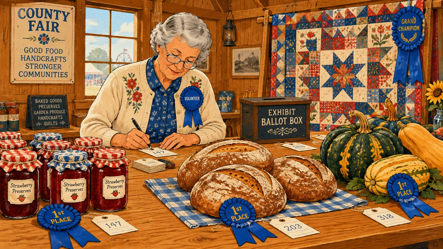 Senior woman writing on entry tags at a fair table with award ribbons, preserves, bread loaves, pumpkins, and a quilt.