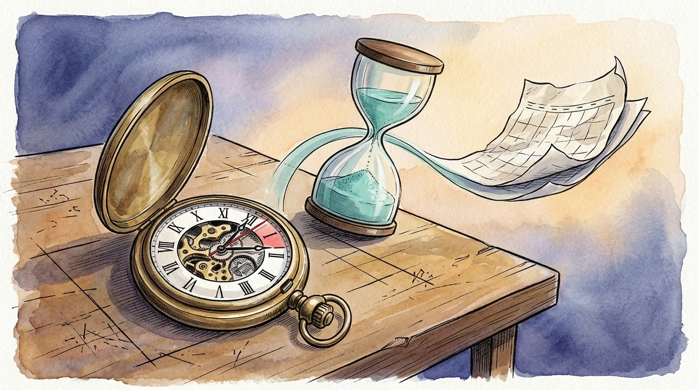 Ink and gouache illustration of an open pocket watch, an hourglass, and floating calendar pages on a wooden desk.
