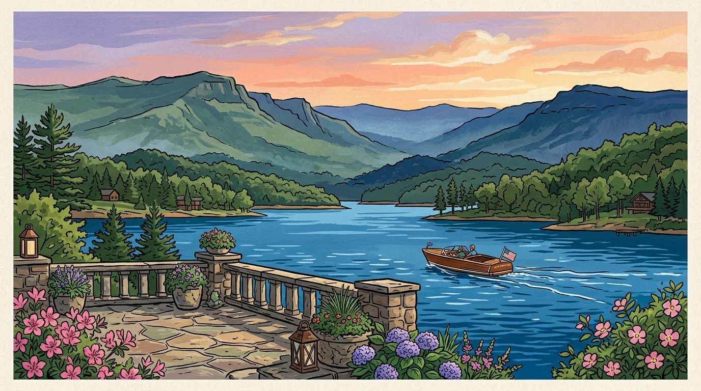 Illustration of a wooden motorboat on a blue mountain lake viewed from a flower-lined stone terrace at sunset.
