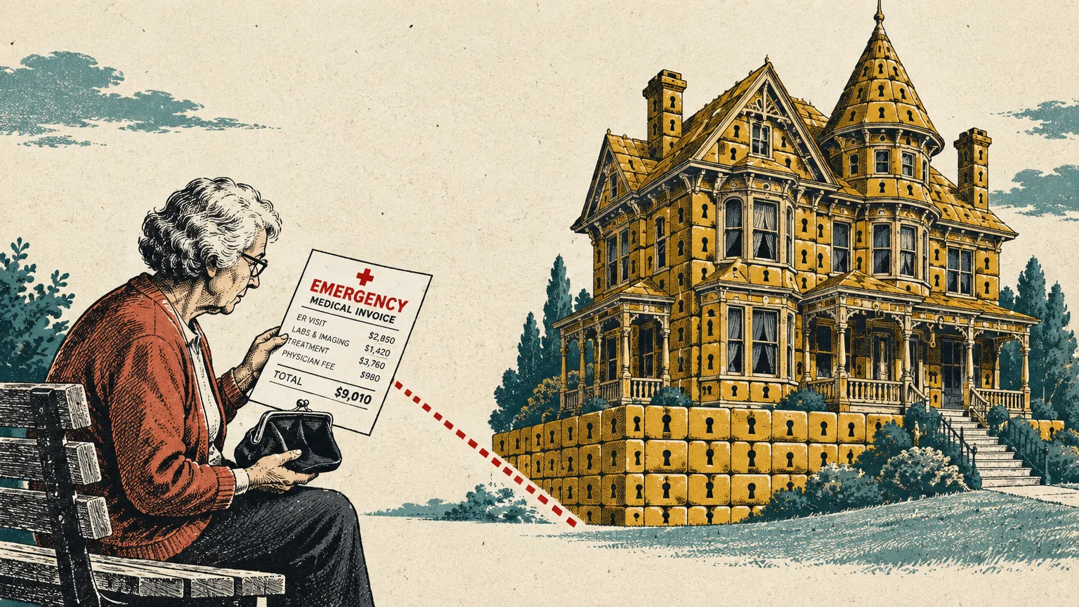 Older woman on a bench with an empty purse and medical invoice looks at a Victorian house covered in keyholes.