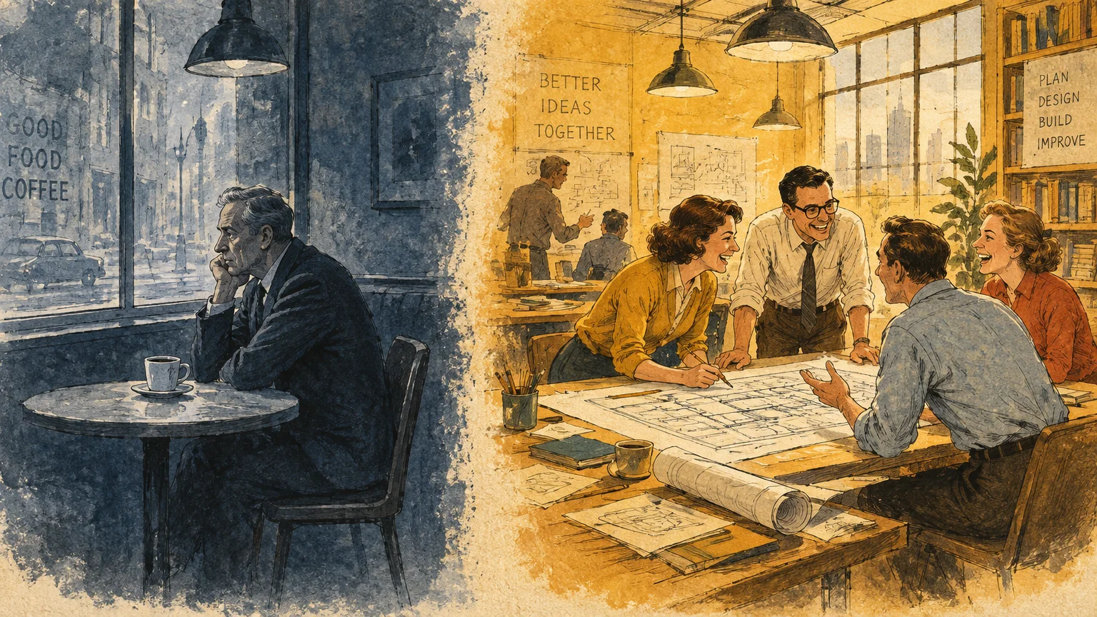 Split illustration of a solitary man sitting in a dim cafe beside a vibrant office of smiling colleagues collaborating.
