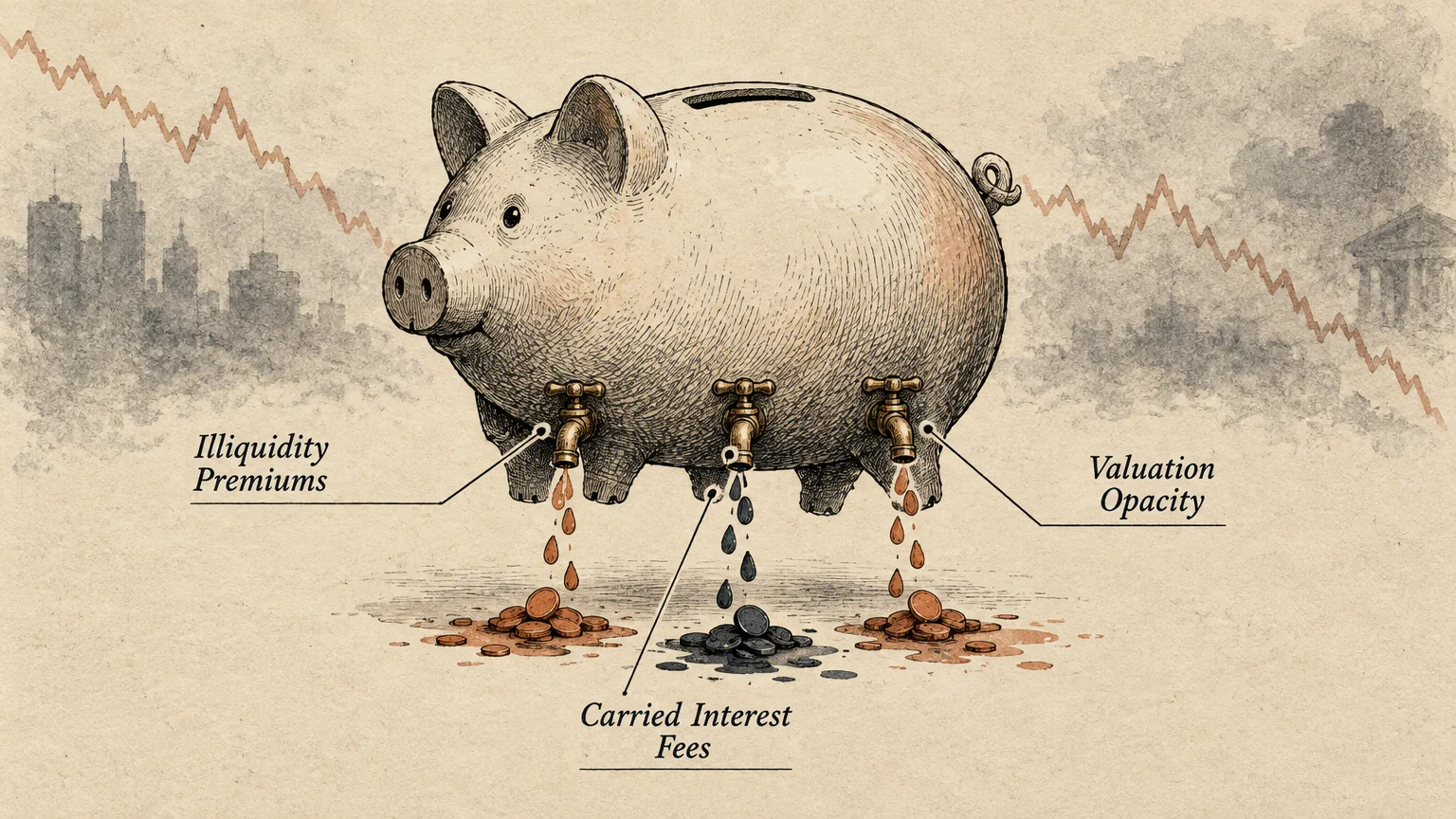 Illustration of a piggy bank with spigots leaking coins labeled illiquidity premiums, carried interest fees, and opacity.