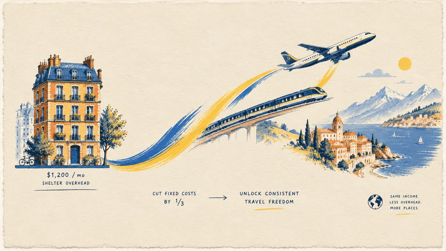 Illustration connecting an apartment building to an airplane, train, and coastal town with swooshing lines and text.