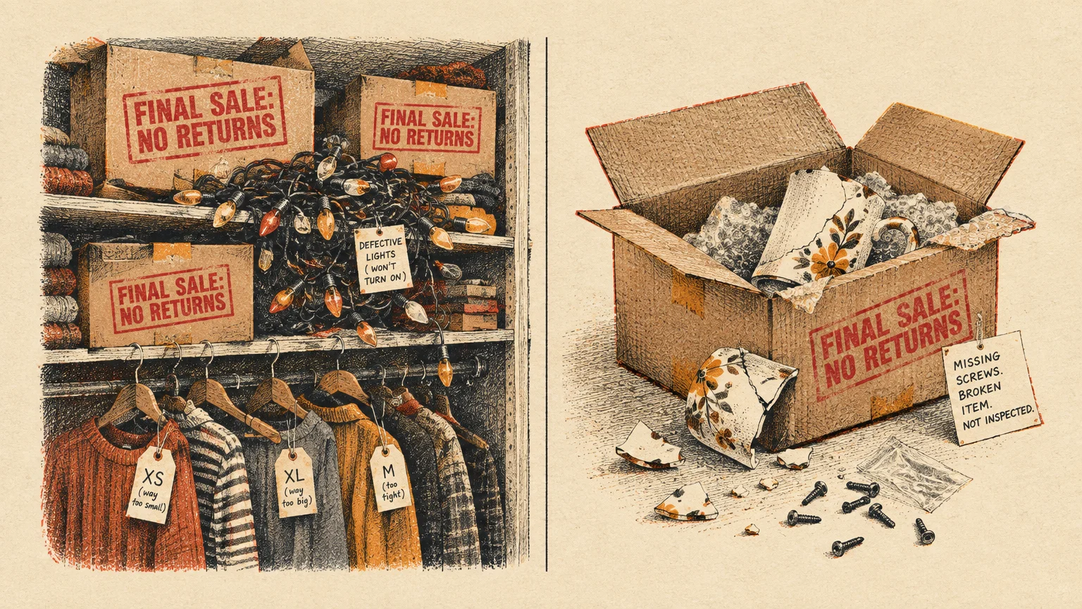 Illustration of boxes stamped Final Sale No Returns next to defective lights, mismatched clothes, and a broken mug.