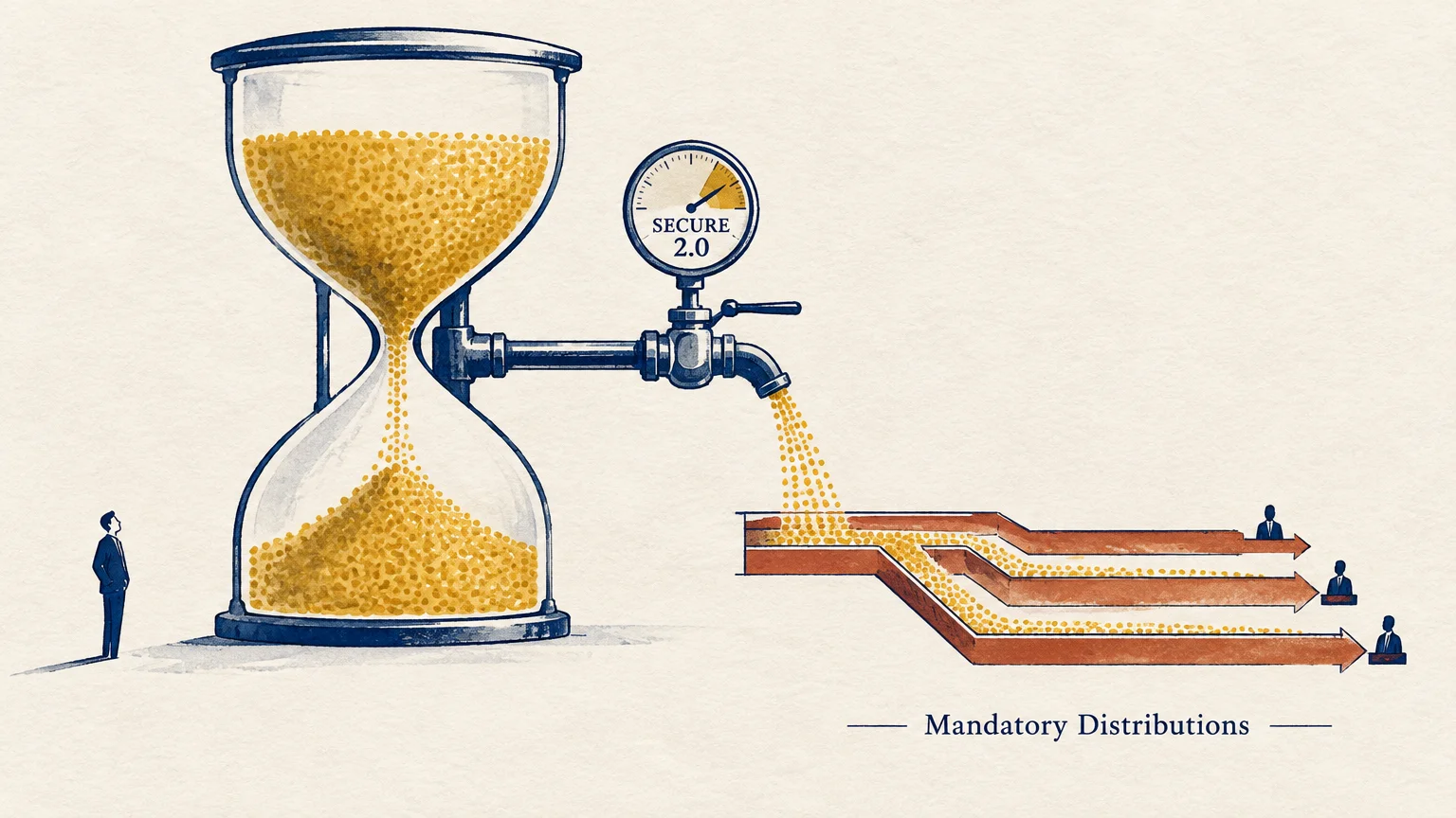 Illustration of an hourglass with a SECURE 2.0 pressure valve pouring golden grain into pipes labeled Mandatory Distributions.
