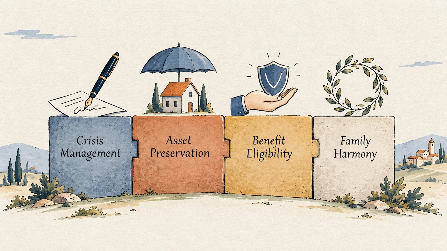 Four interlocking stone blocks labeled Crisis Management, Asset Preservation, Benefit Eligibility, and Family Harmony.