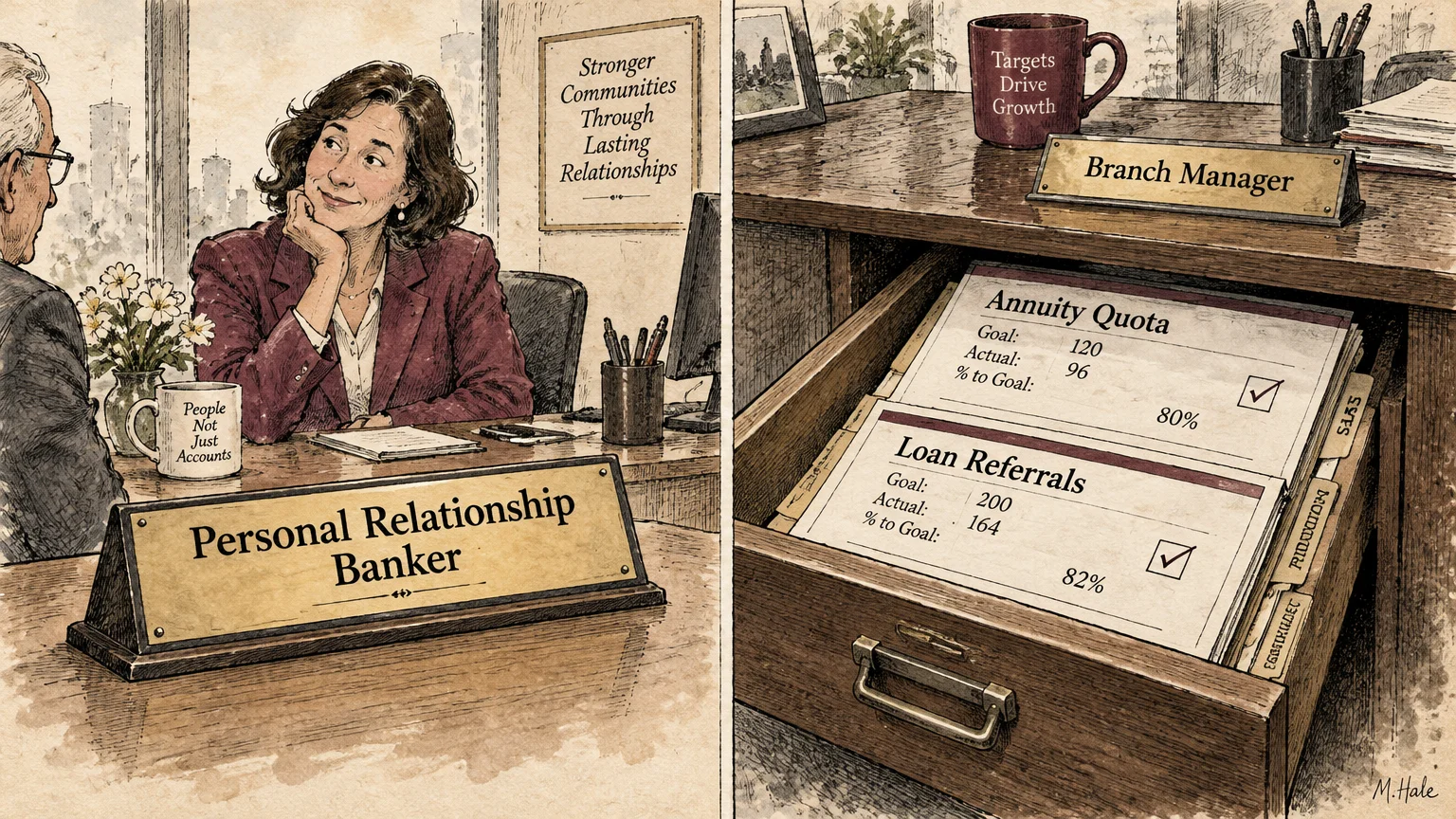 A smiling banker speaks with a client next to an open desk drawer holding annuity quota tracking sheets.