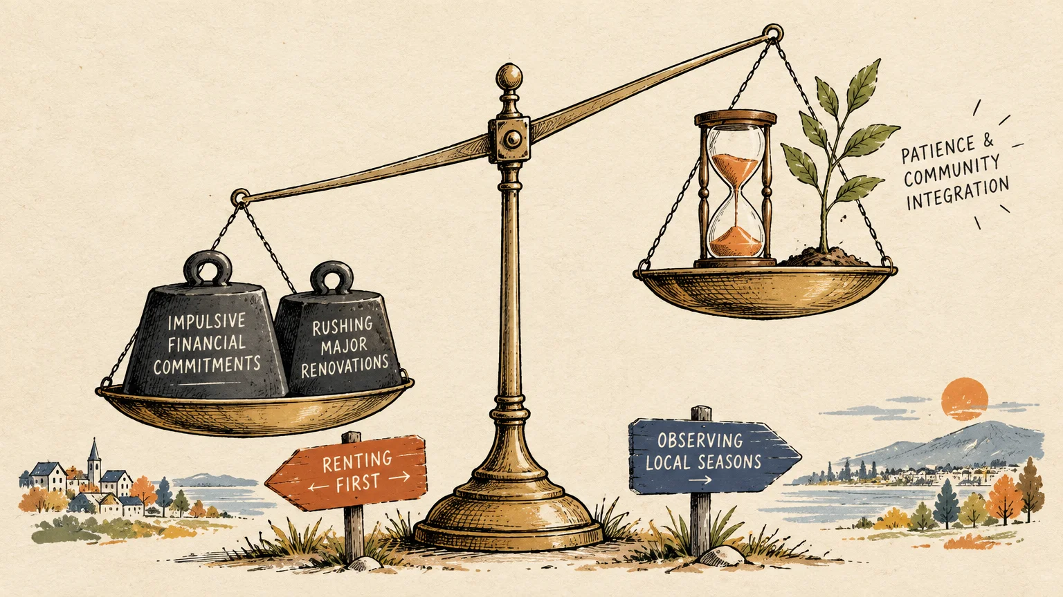 Illustration of balance scales weighing heavy burdens against an hourglass and plant beside direction signs.