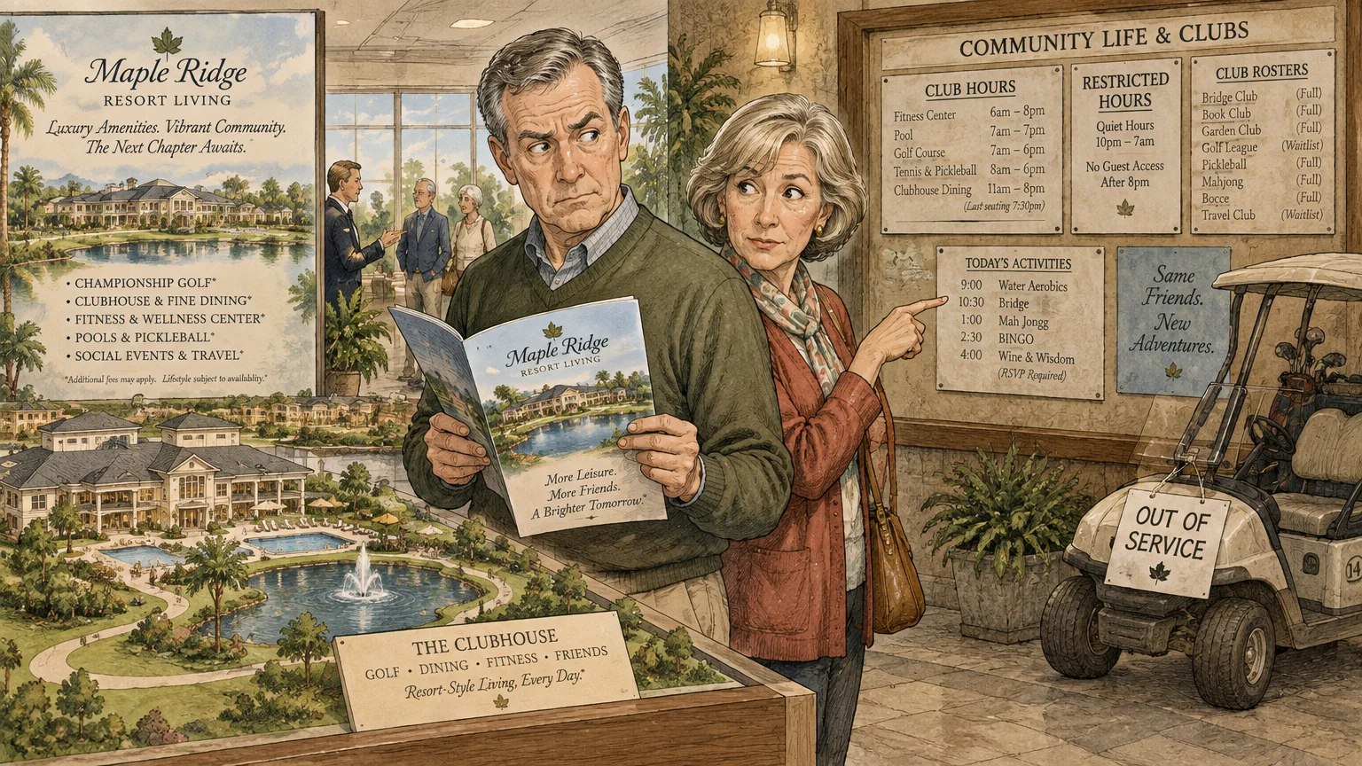 Older couple looking concerned while reviewing a brochure beside community rule boards and an out-of-service golf cart.