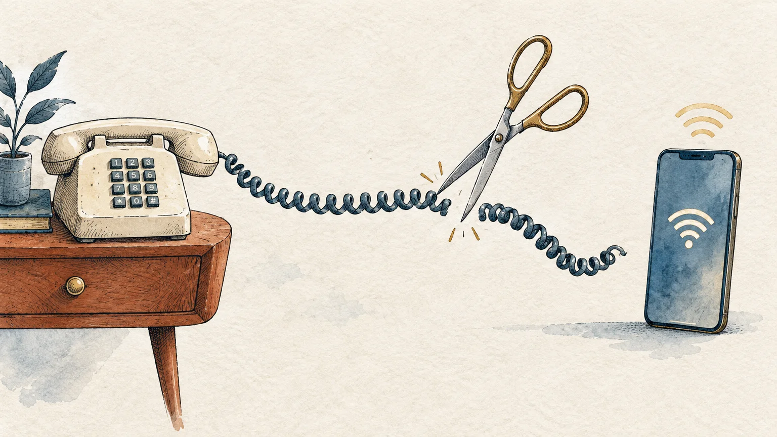 Illustration of scissors cutting the coiled cord between a vintage push-button landline phone and a modern smartphone.