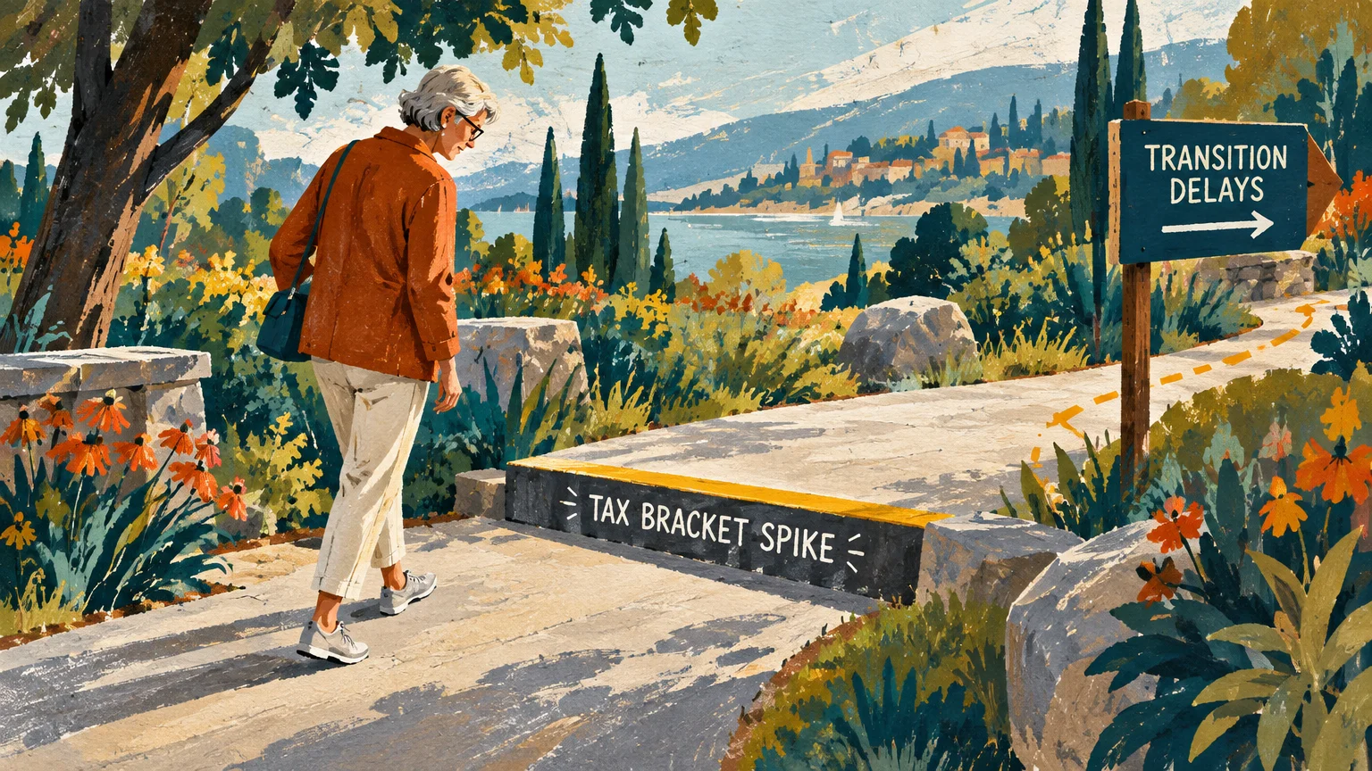 Illustration of an older woman walking a scenic path toward a step labeled "Tax Bracket Spike" and a sign for delays.