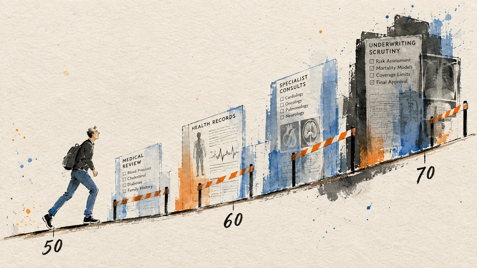 Illustration of a man walking up an incline past medical review boards and hurdles labeled with ages 50, 60, and 70.