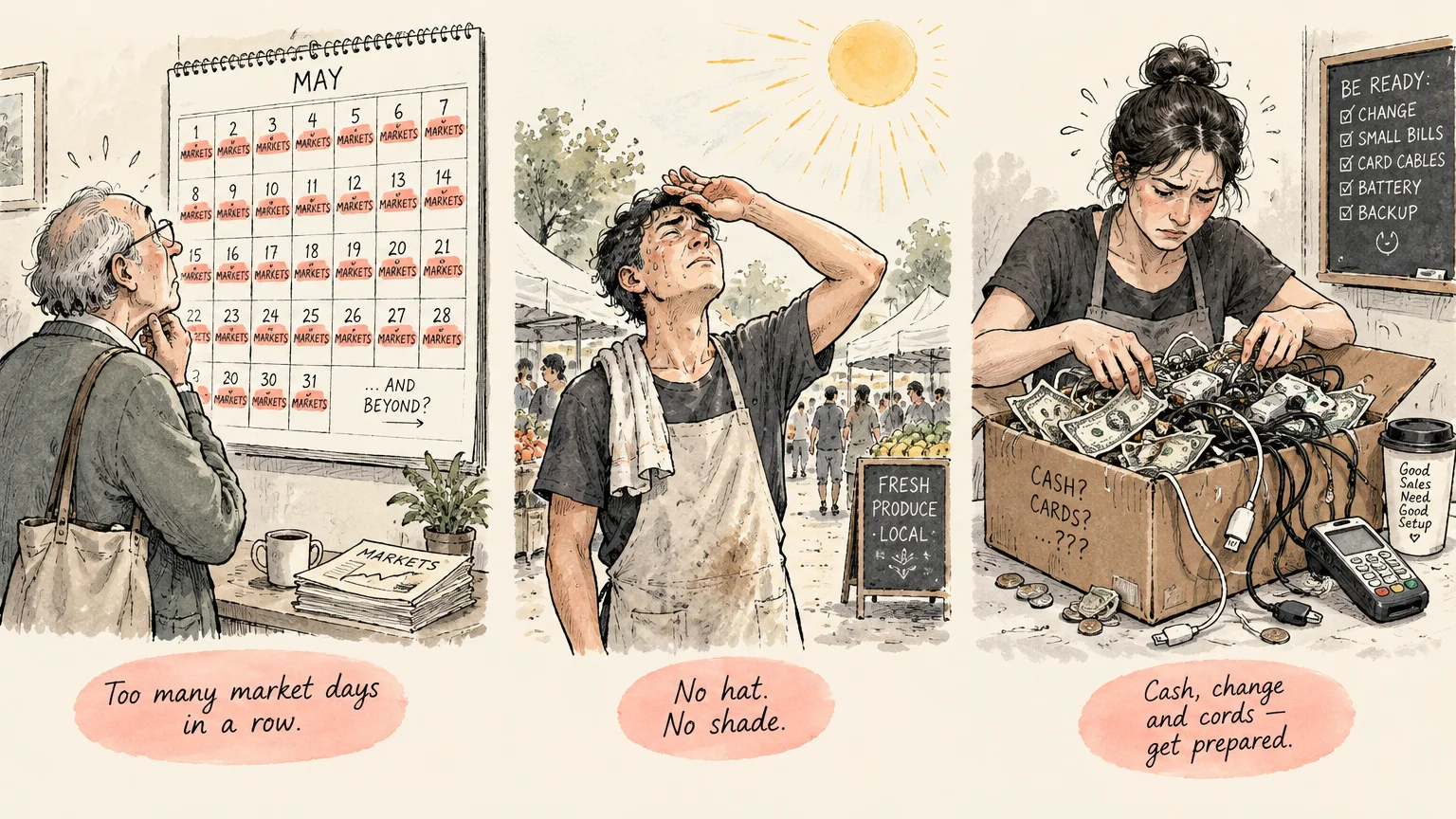 Three panels showing market mishaps: an overbooked calendar, a sweltering worker in the sun, and tangled cords in a cash box.
