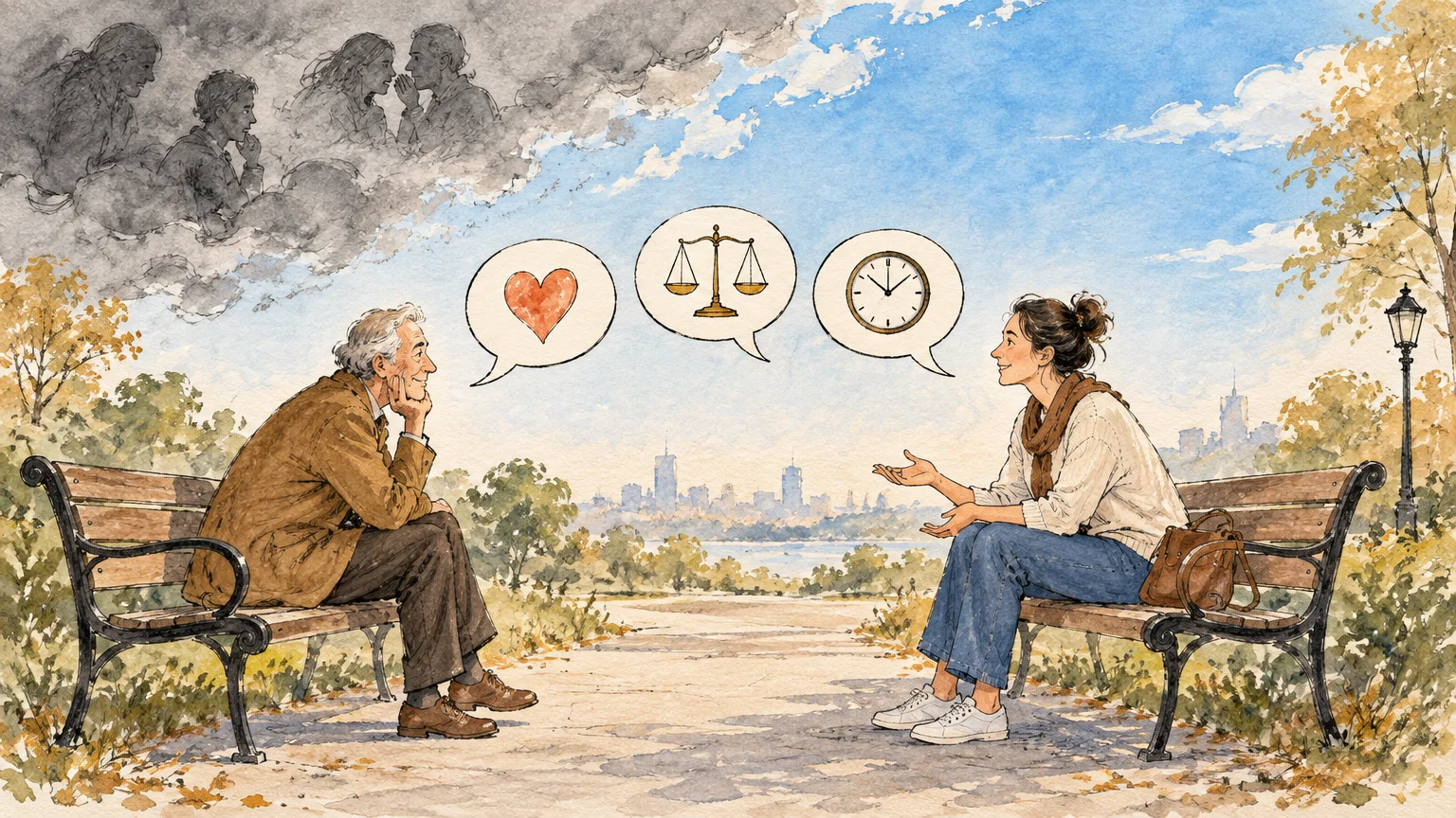Illustration of an older man and younger woman on park benches talking, with speech bubbles showing a heart, scales, and clock.