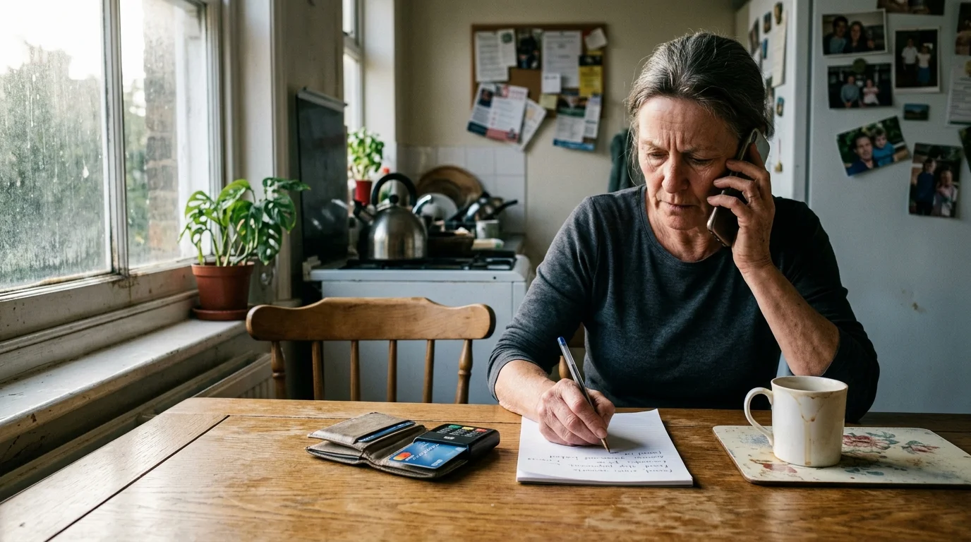 A woman sits at a wooden table, talking on a smartphone and writing on a notepad next to a wallet and card.