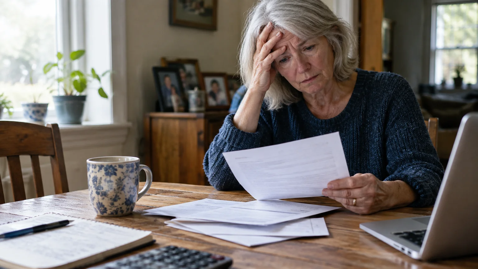 A stressed older woman sits at a wooden dining table holding a letter, with paperwork and a laptop in front of her.