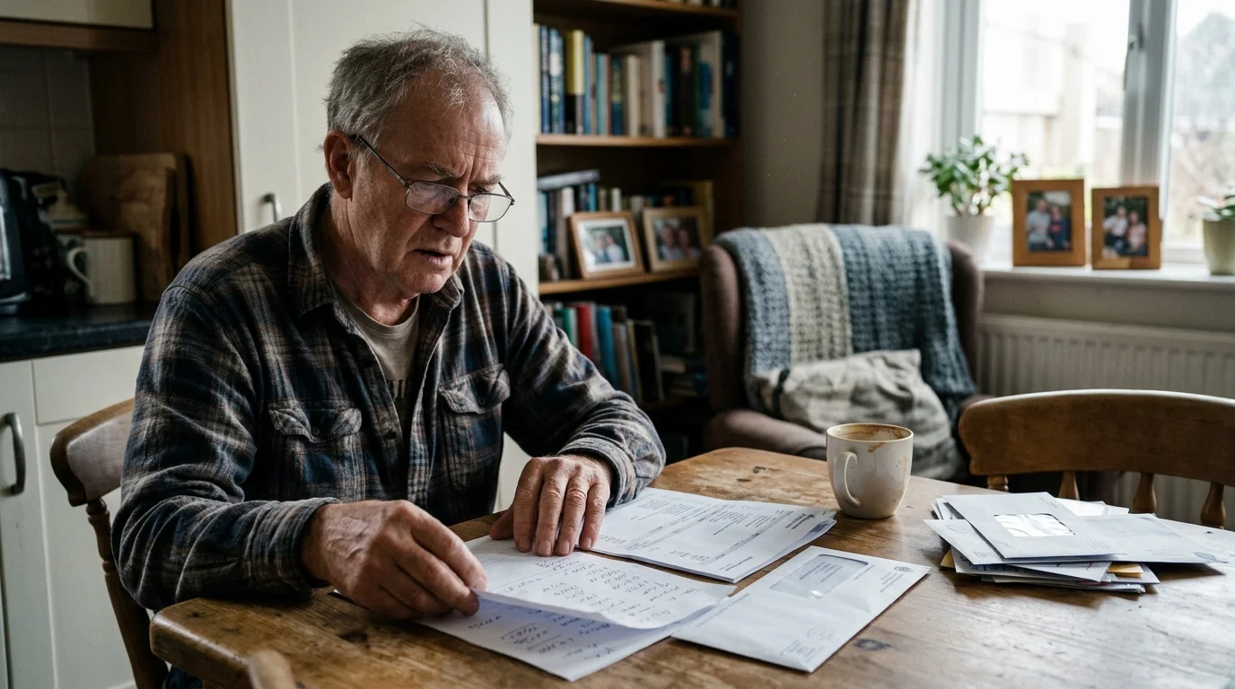 An older man wearing glasses sits at a wooden table reviewing paper bills and envelopes next to a mug.