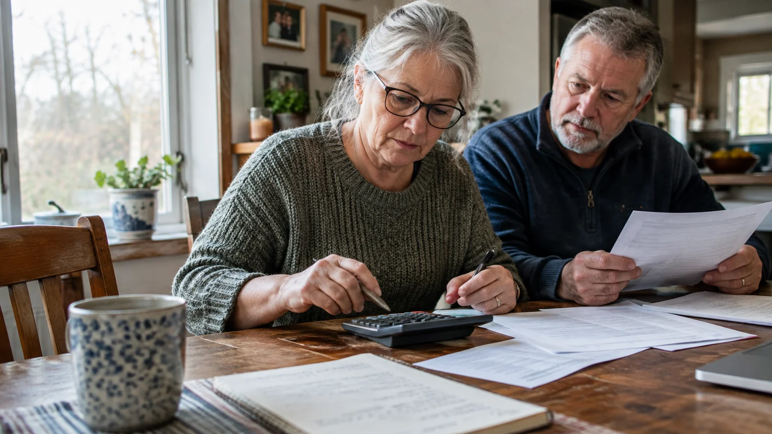 An older couple sits at a wooden table reviewing financial papers and calculating figures with a desktop calculator.