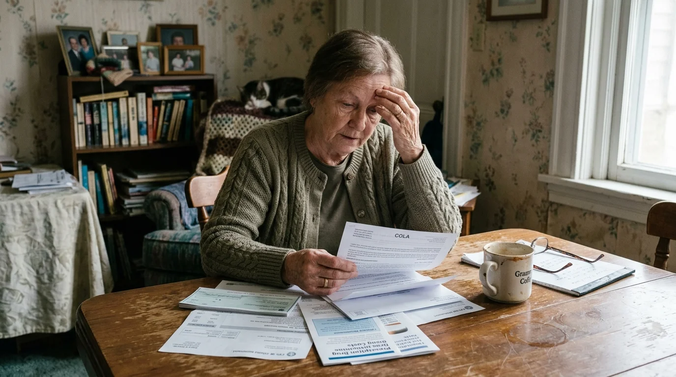 An elderly woman sits at a wooden table looking stressed while reviewing paperwork and a COLA notice.