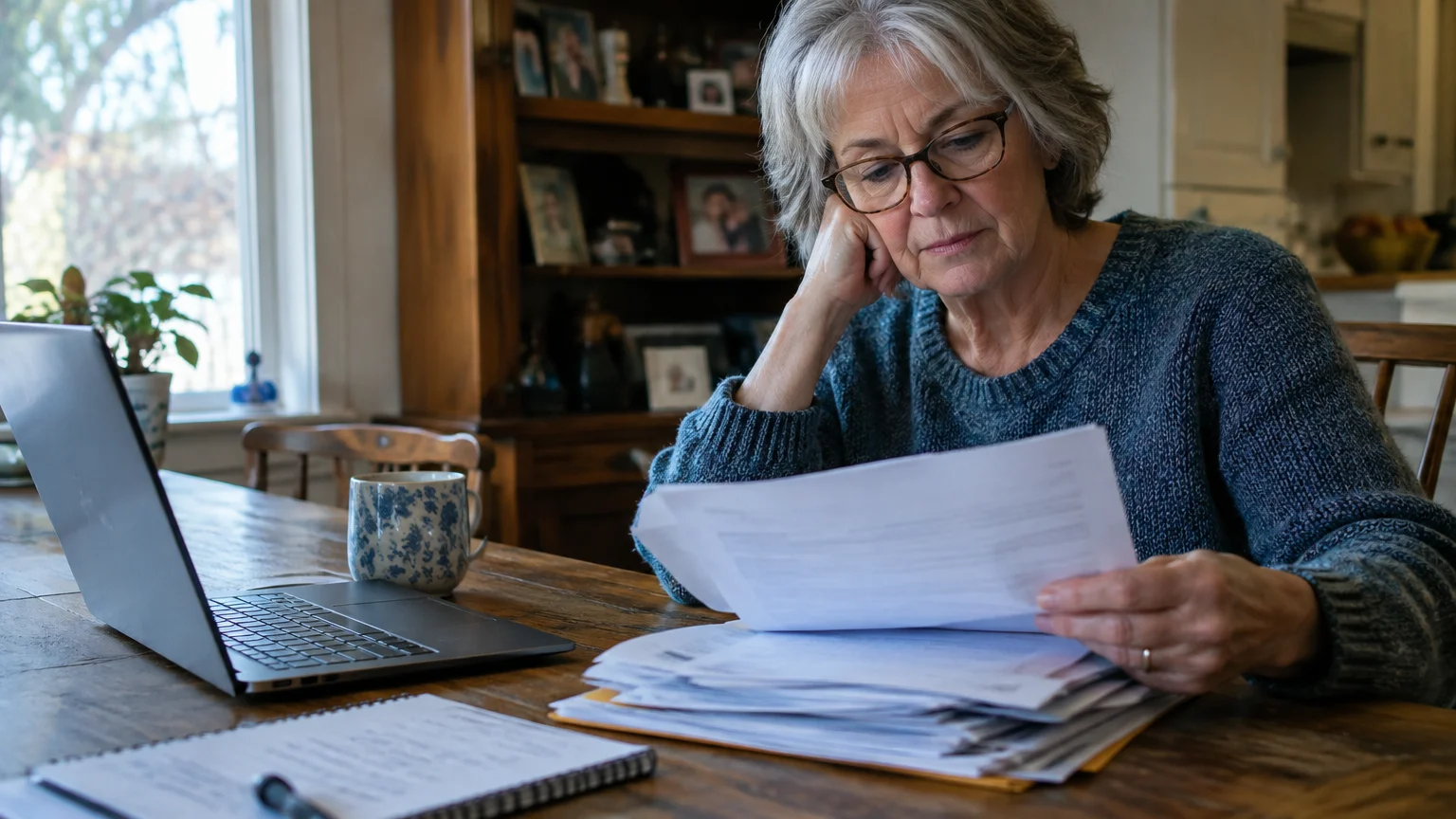 A senior woman wearing glasses sits at a wooden dining table reviewing paperwork next to an open laptop.