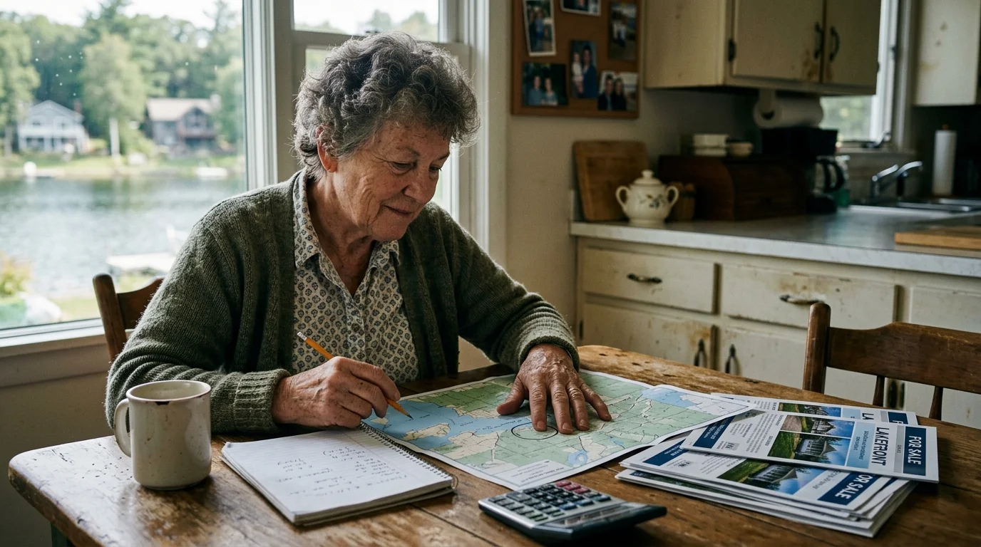 Senior woman sitting at a wooden table with a map, calculator, and real estate flyers overlooking a lake.