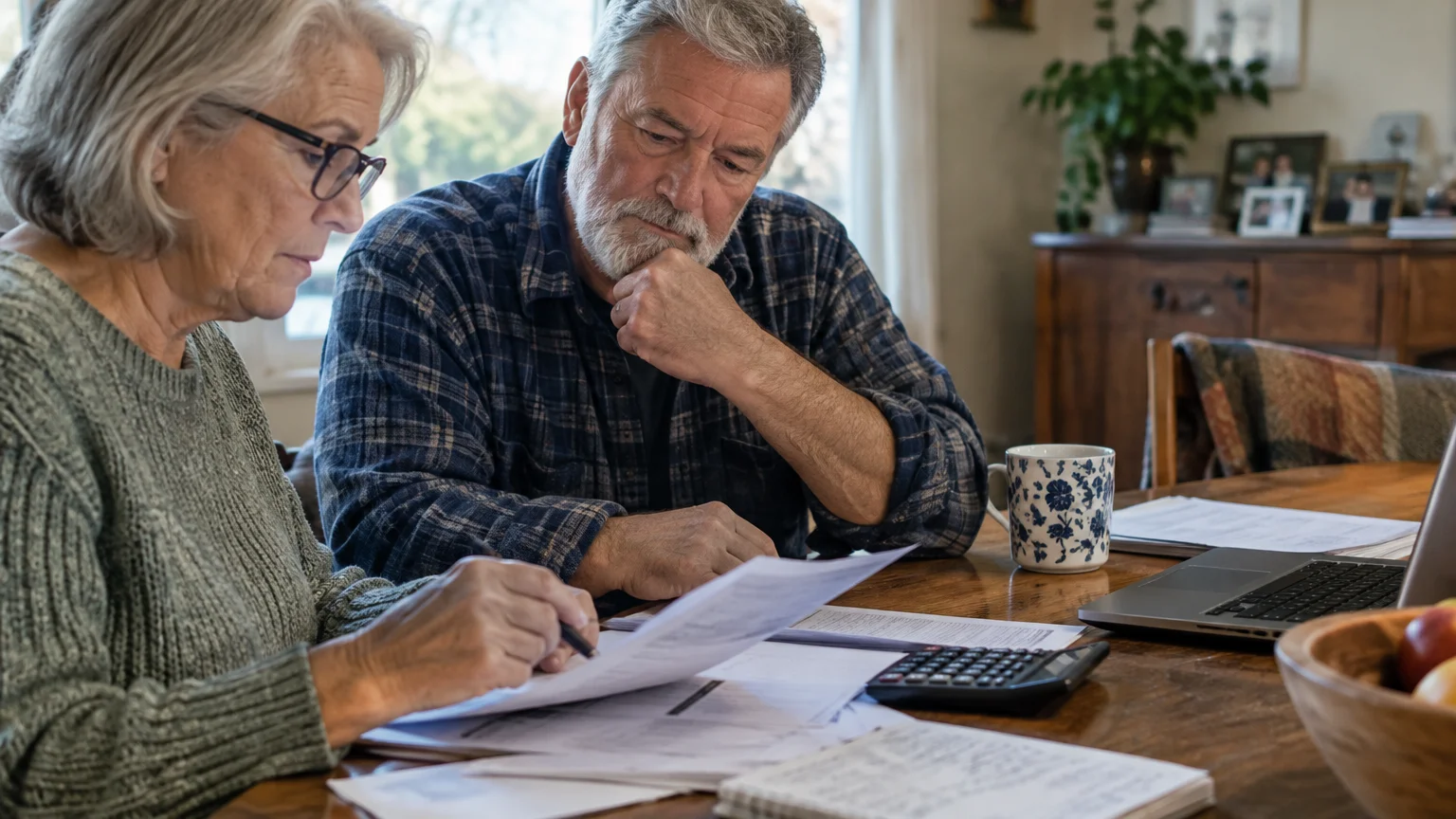 Senior couple sitting at a wooden table reviewing paperwork together with a laptop and calculator nearby.