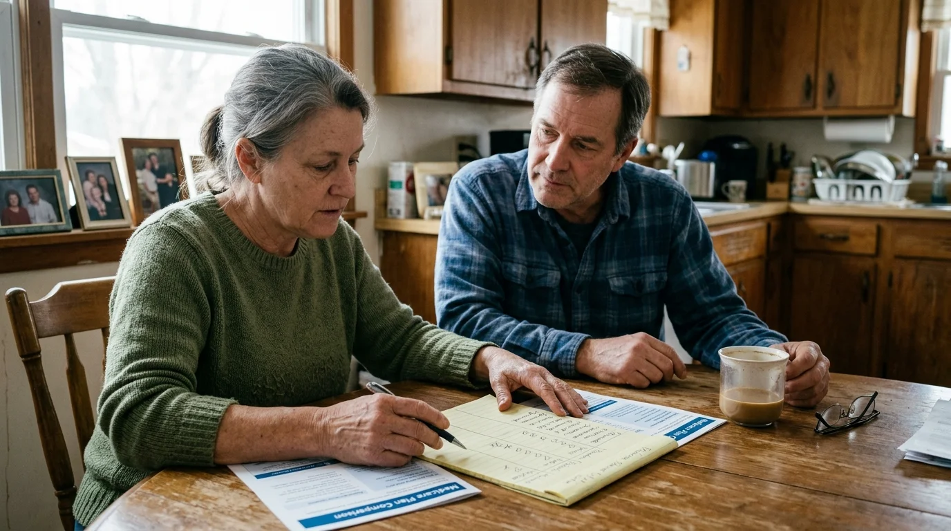 A couple sitting at a wooden kitchen table reviewing printed Medicare plan comparison documents and taking notes.
