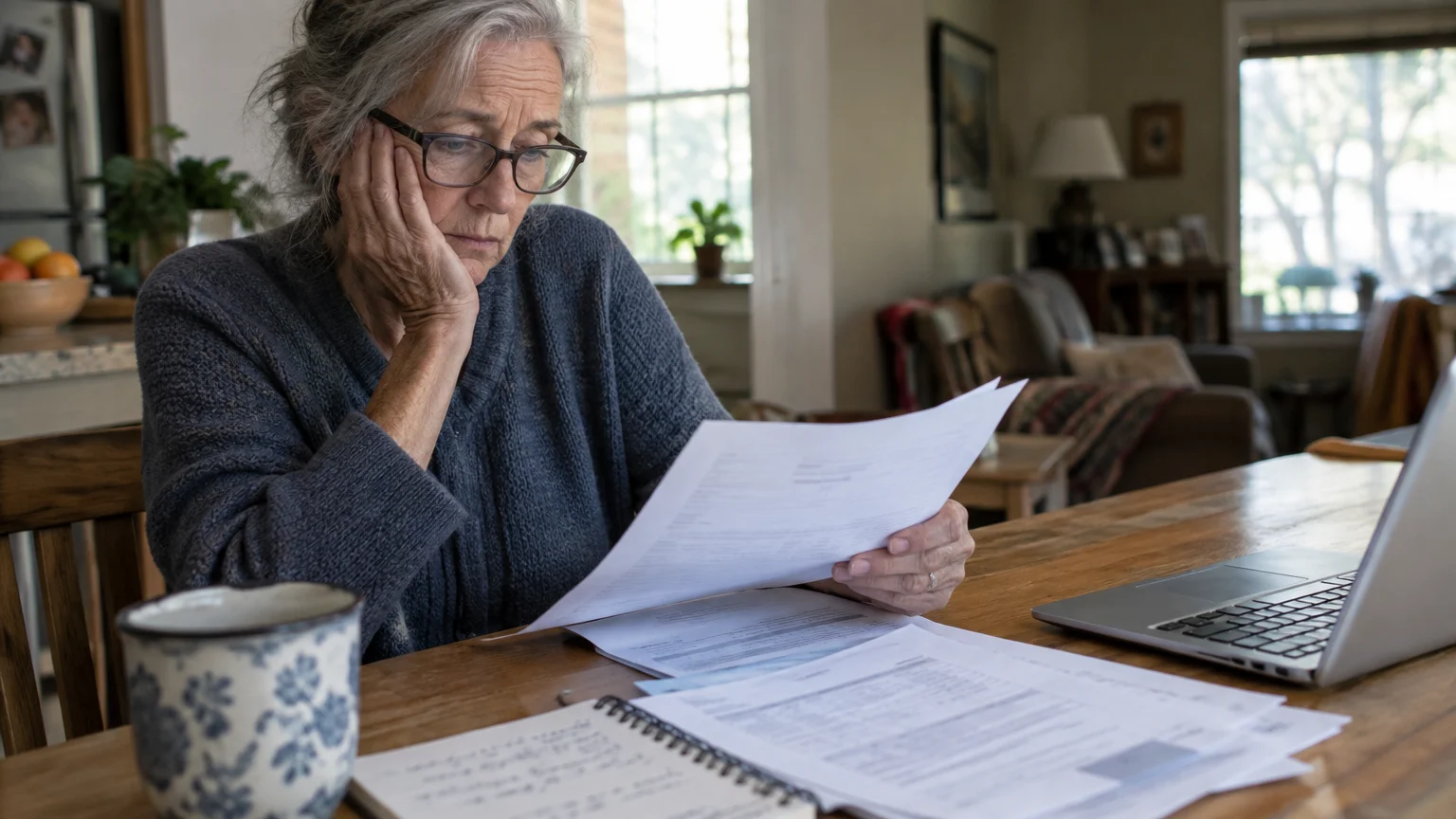 Senior woman with glasses looking concerned at paperwork at a wooden dining table next to a laptop.